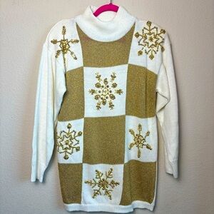 NWT Vintage Hand Beaded Metallic Snowflake Turtleneck Christmas Sweater M